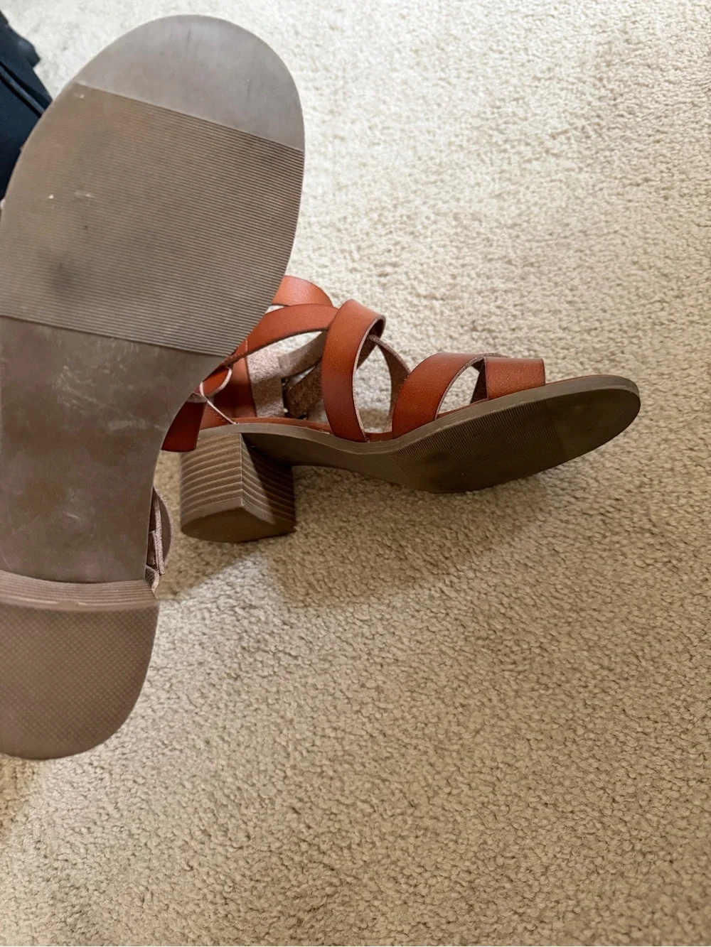 Material Girl Cognac Brown Strappy Block Heel Sandals